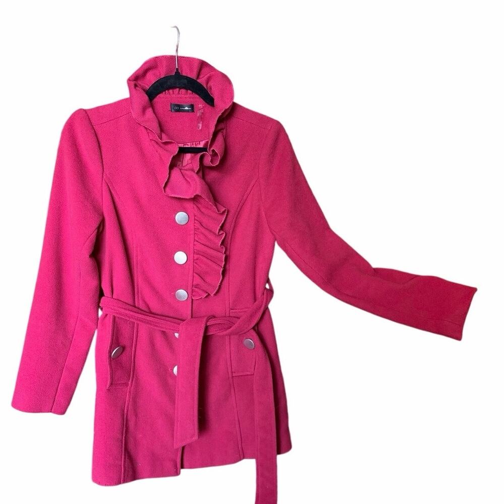 C.C. Couture red fitted button up jacket ruffle neck belted city look small
